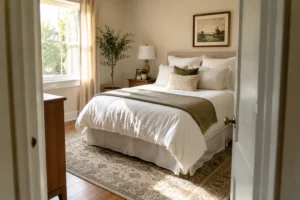 A welcoming guest bedroom doorway view showing affordable guest room ideas in action.