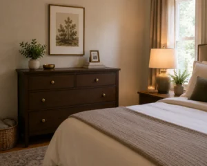 A finished guest room using affordable guest room ideas like a secondhand dresser and one simple print.