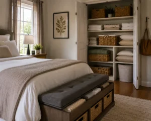 Hidden storage baskets are one of the easiest affordable guest room ideas for a multipurpose space.