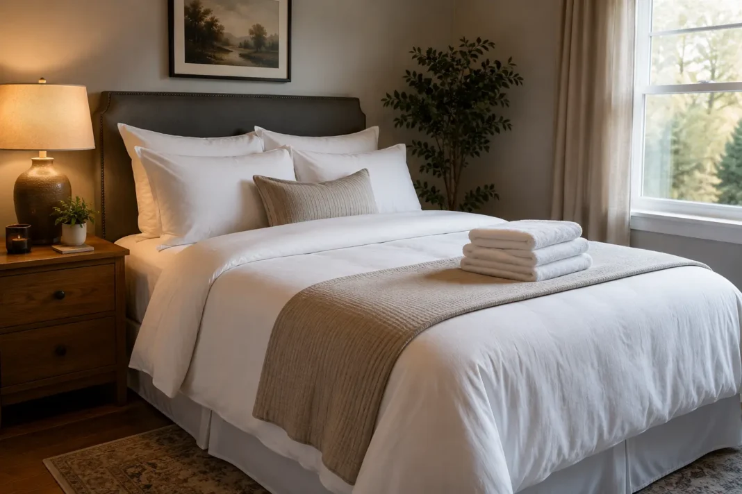 A guest bedroom styled with affordable guest room ideas using crisp white hotel-style bedding.
