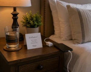 A nightstand vignette showing affordable guest room ideas like a water glass and phone charger.