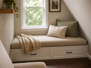 A built-in bench is a smart example of awkward room layout ideas for a dead corner alcove.
