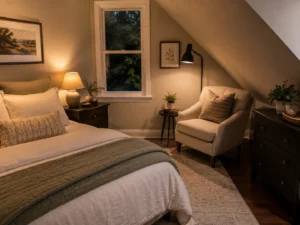 This angled bedroom corner reflects practical awkward room layout ideas for a sloped ceiling.