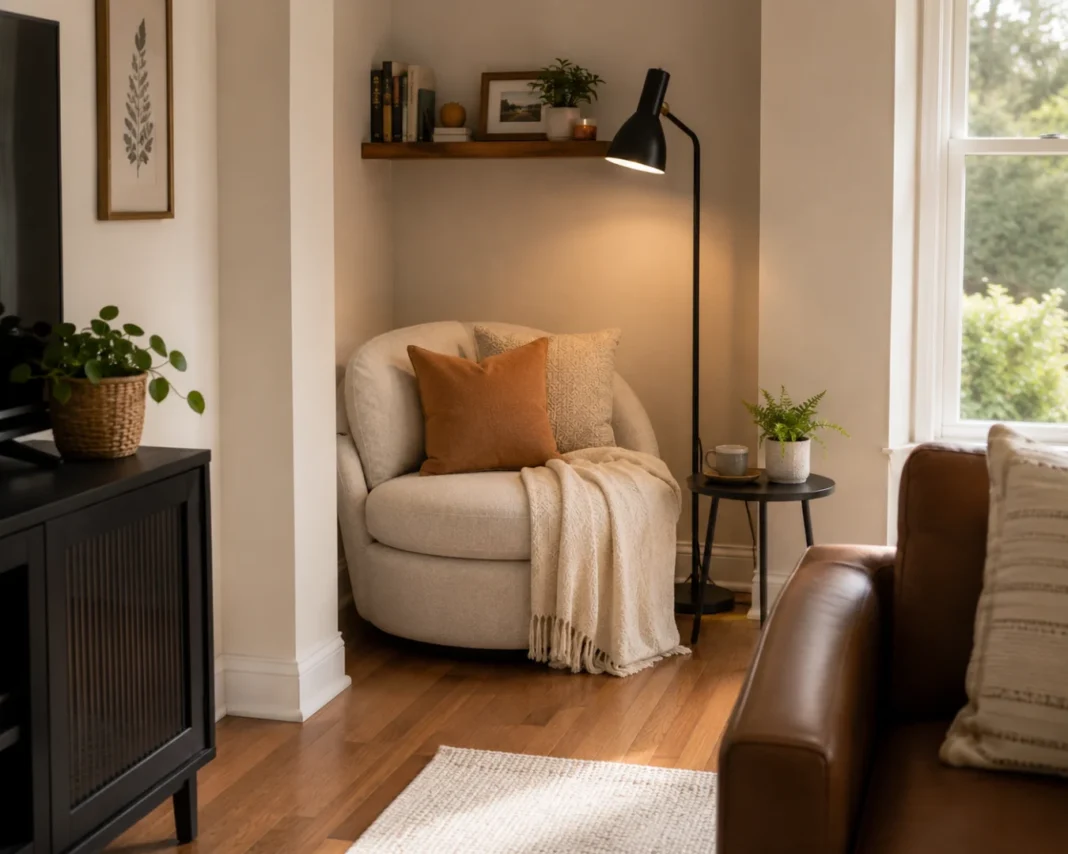 A cozy reading nook is one of the simplest awkward room layout ideas for a wasted corner.