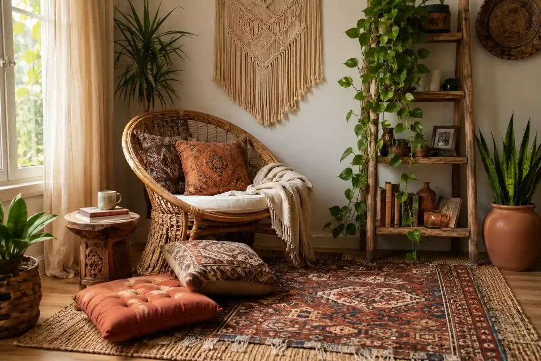 A curated reading corner styled with bohemian room decorating ideas using rattan, rugs and plants.