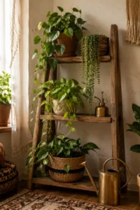 A plant-filled ladder shelf shows bohemian room decorating ideas that use greenery as structure.