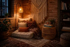 A styled reading nook demonstrates bohemian room decorating ideas applied to a small corner.