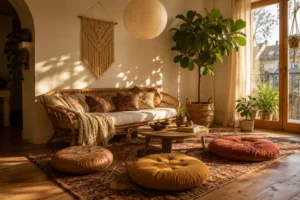 A sunlit living room built around bohemian room decorating ideas with rattan furniture and layered cushions.