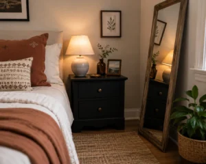 A bedroom corner styled using budget room decorating ideas like a painted nightstand and layered textiles.