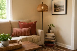 A small living room corner refresh is one of the simplest budget room decorating ideas using pillows, a floor lamp and stacked books.