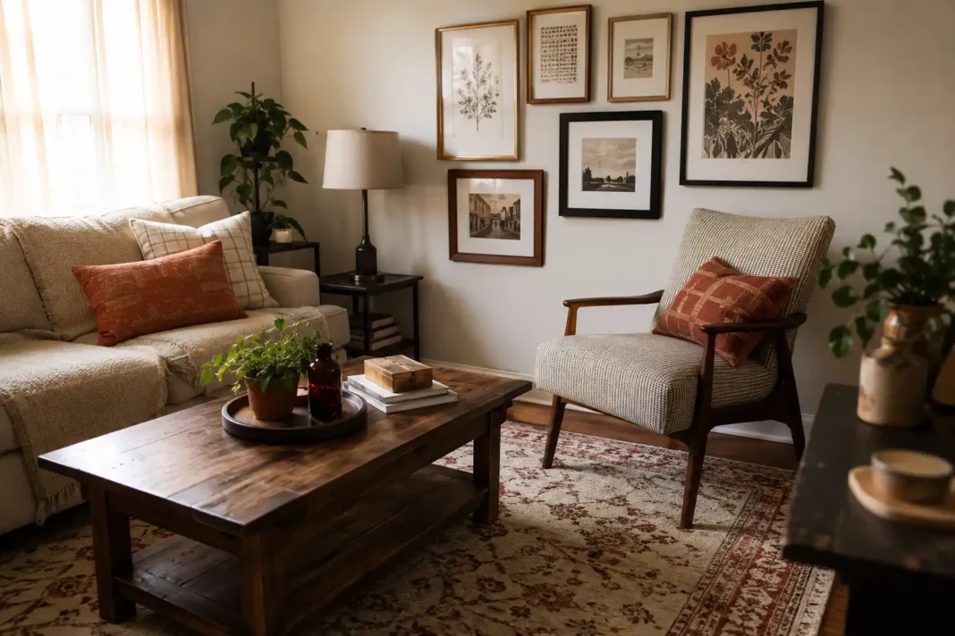 A living room styled with budget room decorating ideas, including a thrifted coffee table and affordable art.