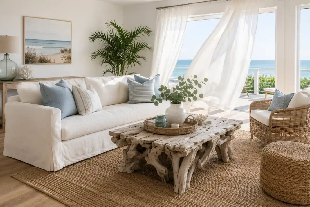 A bright coastal living room ideas example with a linen sofa, driftwood coffee table and sheer curtains.