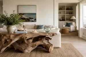 A driftwood console table anchoring coastal living room ideas styling in a bright space.