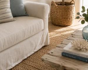 Layered natural textures used in coastal living room ideas styling, a jute rug and a linen sofa.