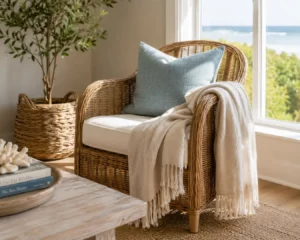 Cozy reading nook styled with coastal living room ideas, a rattan chair and an ocean-blue cushion.