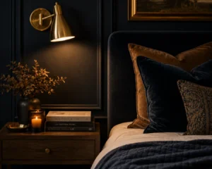 A bedroom nook styled with dark room decorating ideas using velvet and brass accents.