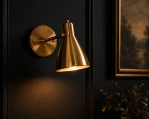 A brass sconce against a dark wall demonstrating dark room decorating ideas for warm metal accents.