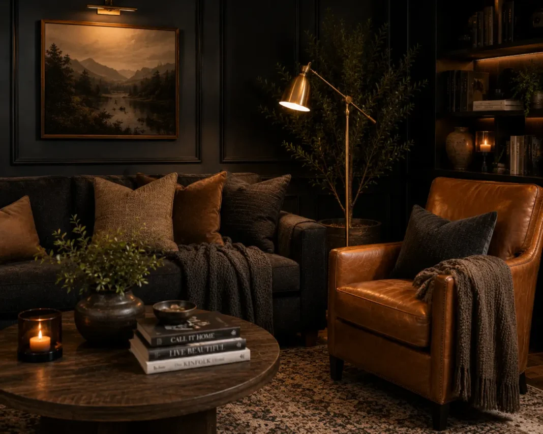 A moody living room styled with dark room decorating ideas using warm brass lighting.