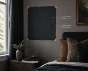 A paint test square on a wall showing how to try dark room decorating ideas before committing.