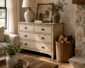 Vintage dresser styled corner from farmhouse living room ideas with a woven firewood basket.