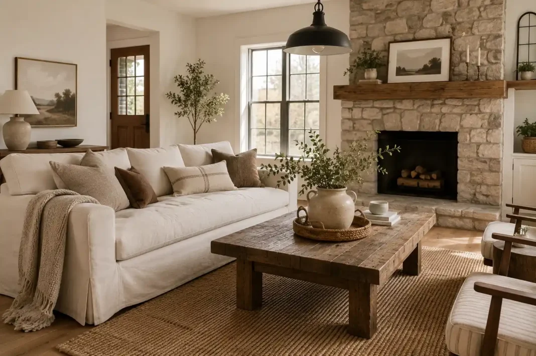 farmhouse-living-room-ideas-modern-mix A warm farmhouse living room ideas example with a linen sofa, reclaimed wood coffee table and a stone fireplace.