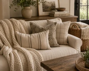 Layered textiles in farmhouse living room ideas styling, chunky throw and vintage pillow covers on a linen sofa.