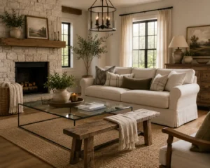 Modern glass coffee table mixed into farmhouse living room ideas styling alongside a rustic wood bench.