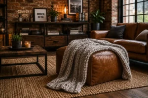 Added texture layered into industrial living room ideas styling, a wool throw and jute rug.