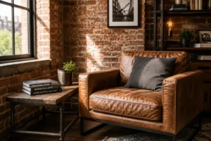 Cozy corner styled with industrial living room ideas, a leather armchair against exposed brick.