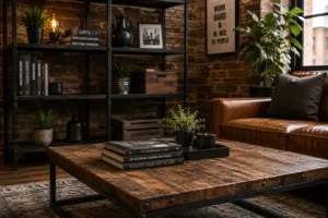 Metal and wood balance shown in industrial living room ideas styling, black shelving and a wood coffee table.