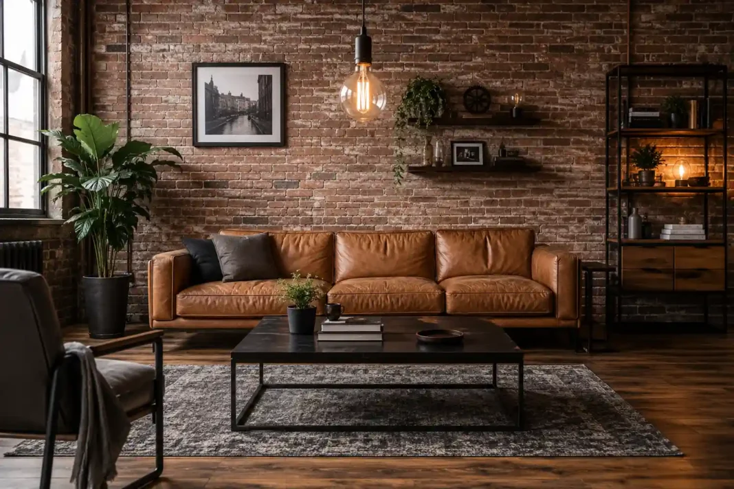 A warm industrial living room ideas example with an exposed brick wall, leather sofa and black metal coffee table.