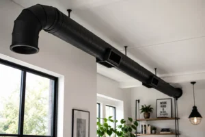 Matte black ductwork is a simple industrial room decorating idea detail that adds instant style.