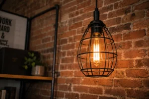 A cage pendant light is a key detail in industrial room decorating ideas for warm ambiance.