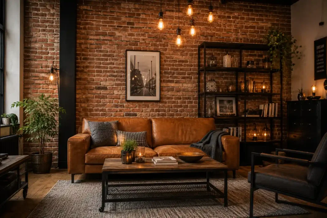 A living room styled with industrial room decorating ideas using exposed brick and warm leather.