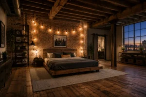 A loft bedroom showing industrial room decorating ideas with exposed beams and warm lighting.