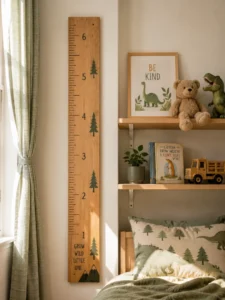 A growth chart and personal shelf are simple kids room decorating ideas that make a space feel personal.
