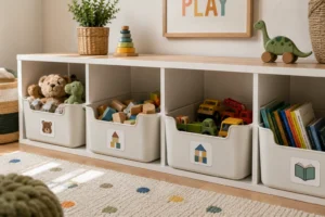 Low open storage bins are a key part of kids room decorating ideas that kids actually use.