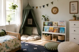 A reading nook showing kids room decorating ideas built around a child's actual height and reach.