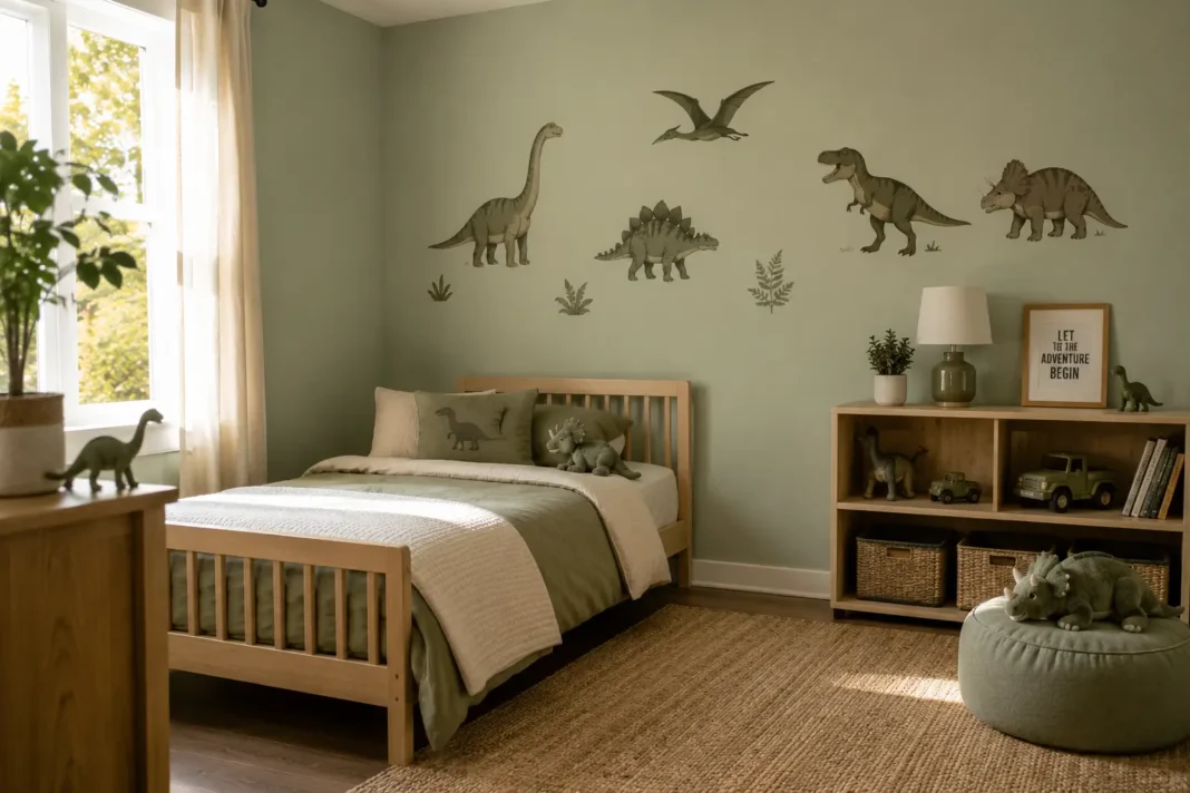 A bedroom styled with kids room decorating ideas using neutral walls and removable decals.