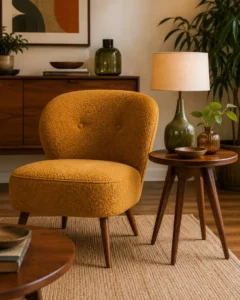 Mustard accent chair used in midcentury living room ideas styling next to a walnut side table.