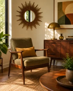 Retro corner styled with midcentury living room ideas, a tapered-leg chair and sunburst mirror.