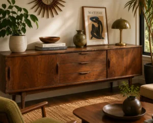 A genuine vintage walnut credenza anchoring midcentury living room ideas styling.