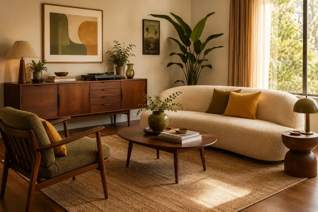 A warm midcentury living room ideas example with a walnut credenza, curved sofa and tapered-leg armchair.