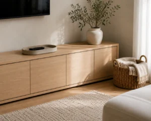Closed storage console styled with minimalist living room ideas in mind, hiding clutter behind doors.