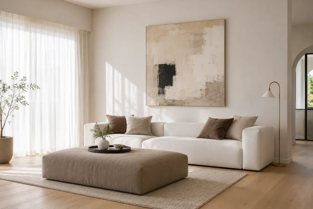 A calm minimalist living room ideas example with a low sofa, one oversized ottoman and a bare accent wall.