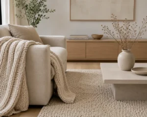 Textured throw and rug layered into minimalist living room ideas styling for warmth.
