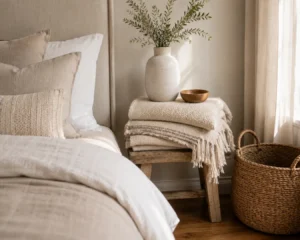 A bedroom vignette showing neutral room decorating ideas with linen and woven textures.