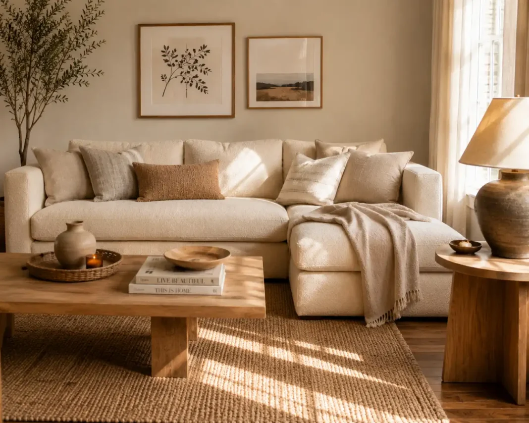 A living room styled with neutral room decorating ideas using layered textures and warm tones.