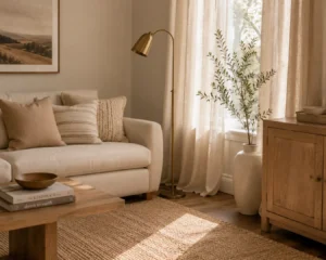 A living room corner where the rug and curtains share warm undertones, a key neutral room decorating ideas detail.