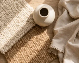 A flat-lay of mixed textures showing the core of good neutral room decorating ideas.